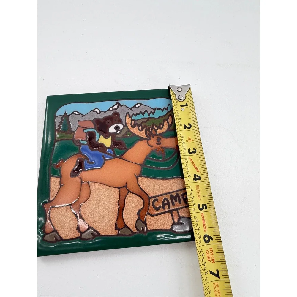 Masterworks Ceramic Tile Trivet 6in Green Bear Riding Moose Vintage Art Decor